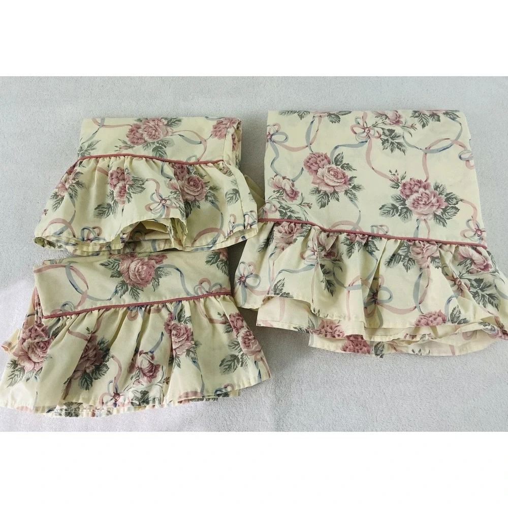 Vintage Stevens Full Flat Sheet Cases Pink Floral Roses Blue Ribbon Made in USA
